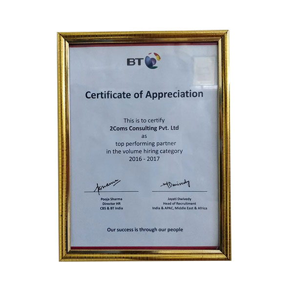 Certificate of Appreciation British Telecom